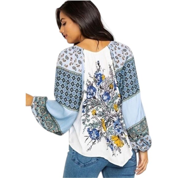 Free People Positano Blouse Ivory Multi Patchwork Balloon Sleeve XS - Picture 9 of 10